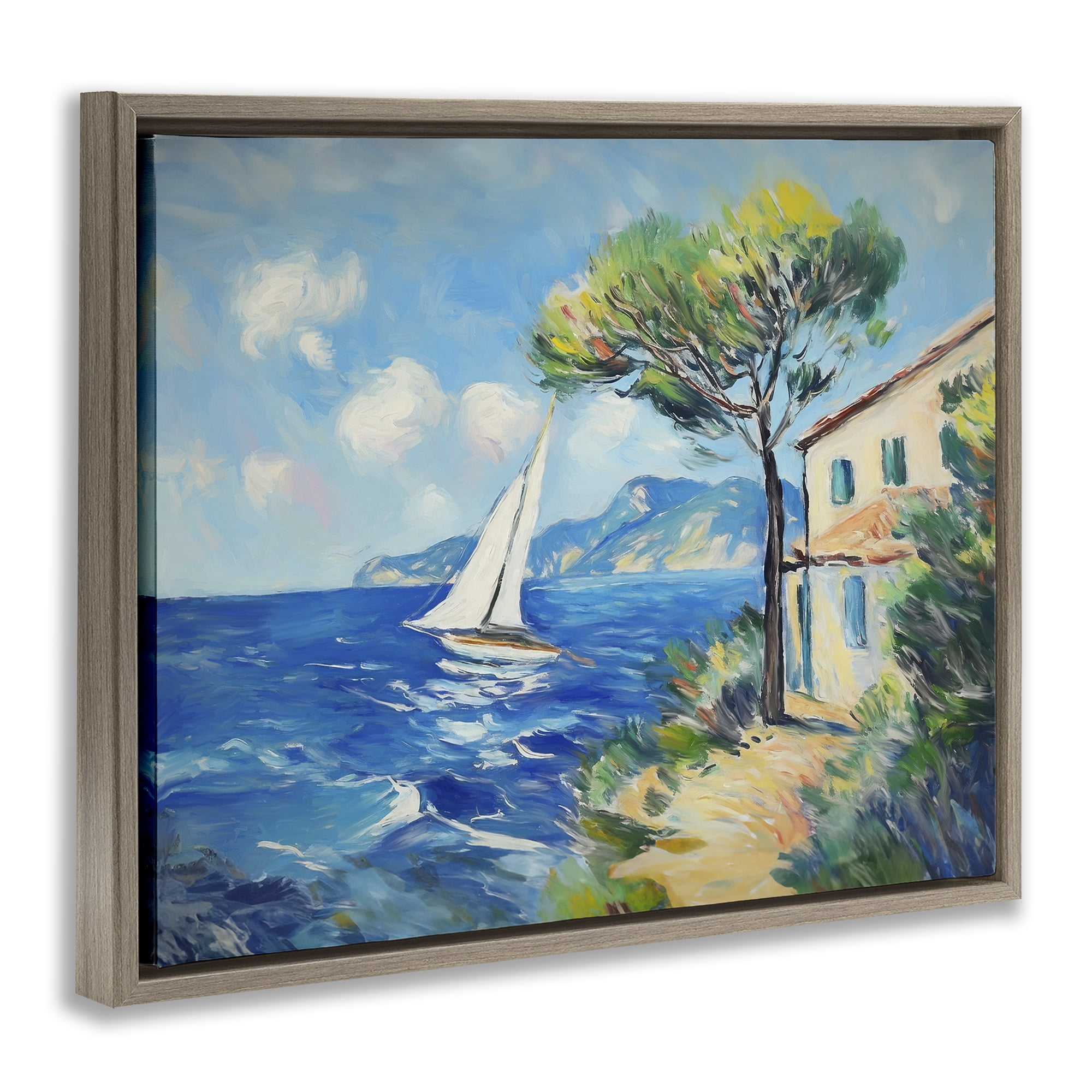 Stupell Industries Sailboat & Beach Villa Coastal Painting Brown Floater Framed Canvas Art Print Wall Art, 21 x 17