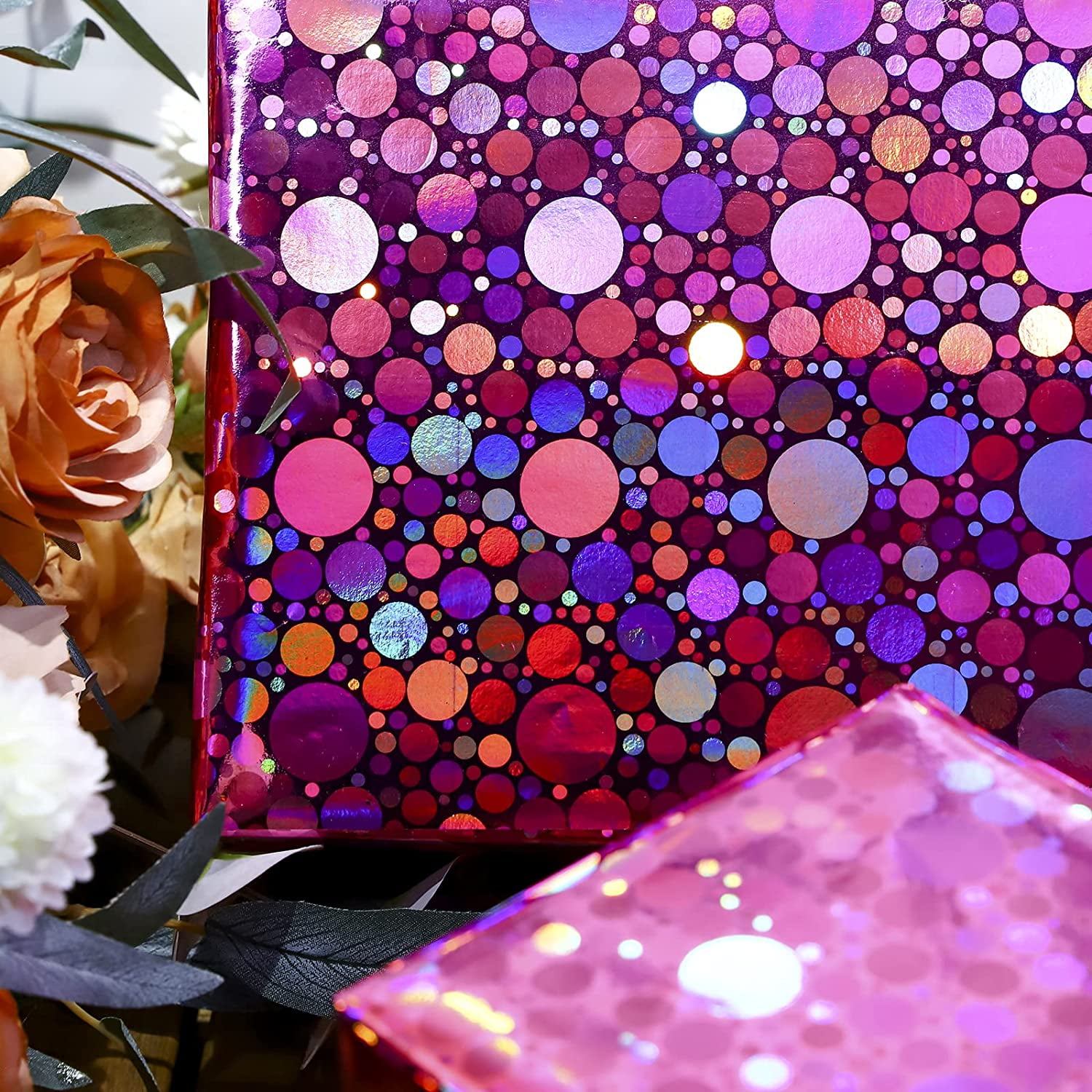 Pink Holographic Wrapping Paper Roll, Shiny Polka Dot Metallic Foil for Birthday, Valentines, Mothers Day, Wedding, Bridal Shower, Graduation, Christmas, Mini Roll 17 in x 32.8 ft