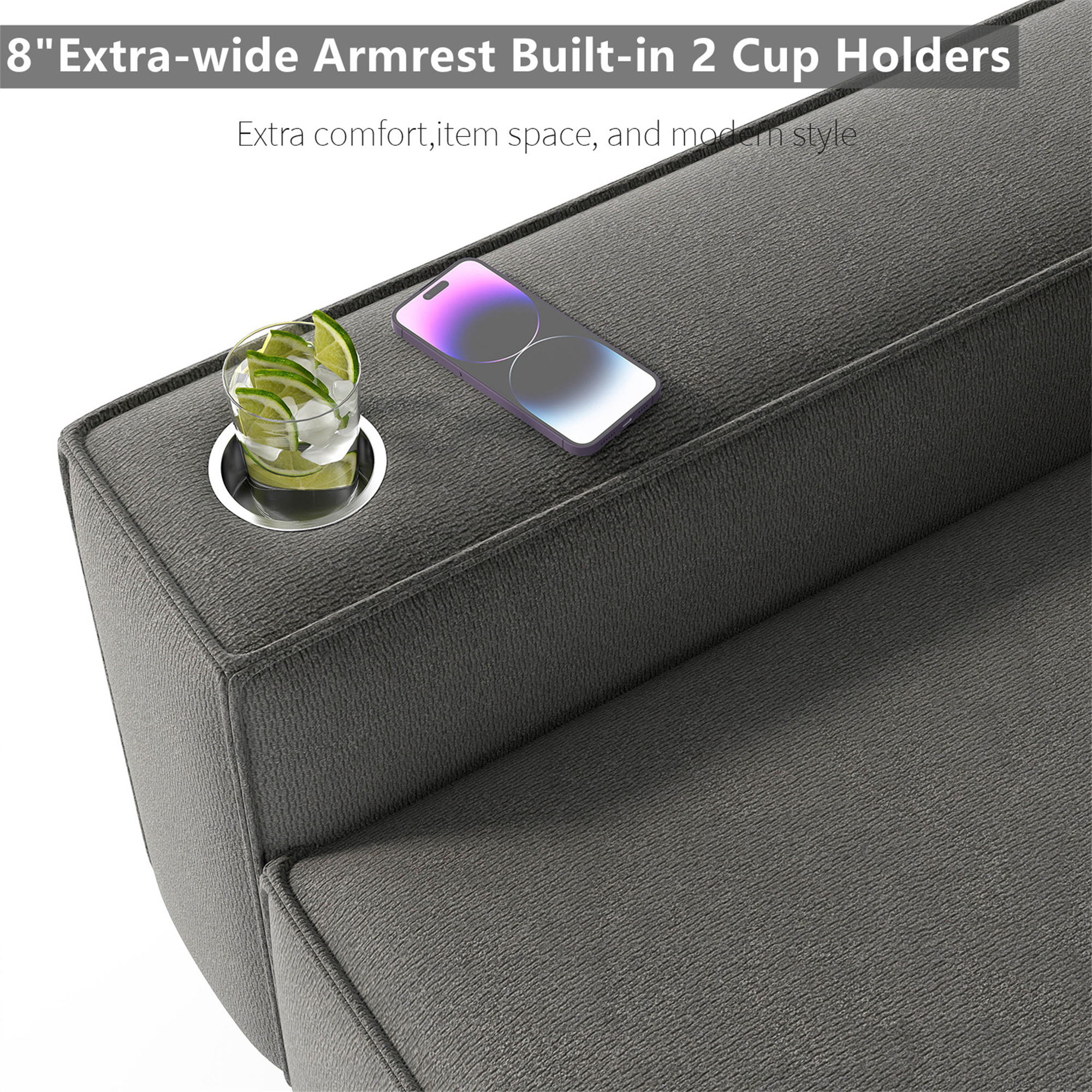 Aukfa 3 Piece Sofa Set - 43.5" Oversized Armchair Couch with Cup Holders&Pillows, Chenille, Gray