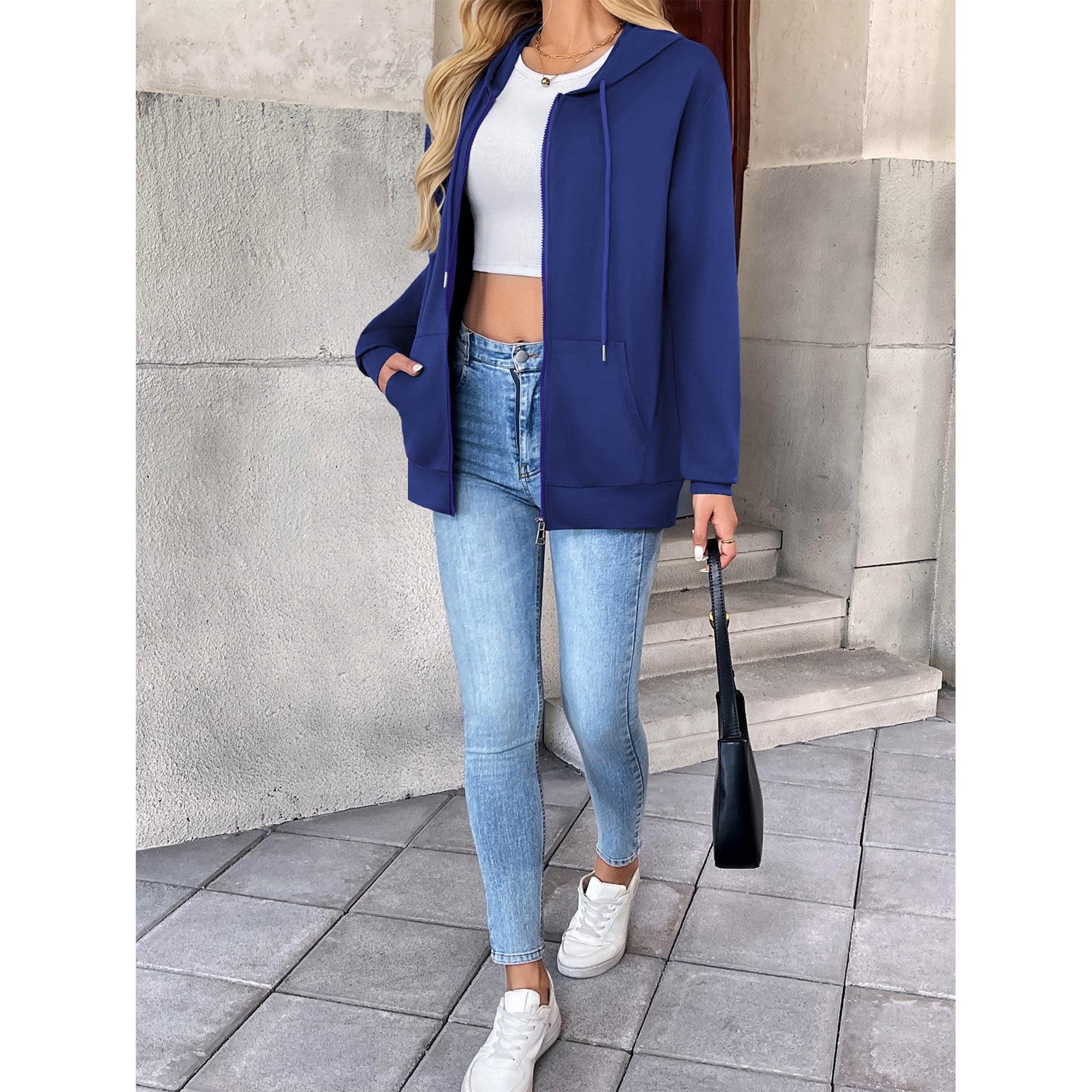 HOWCOME Basic Lightweight Full Zip Hoodie for Women Long Sleeve Thin Cardigan Jacket Drawcord Hooded Sweatshirt with Pockets, Royal Blue Medium