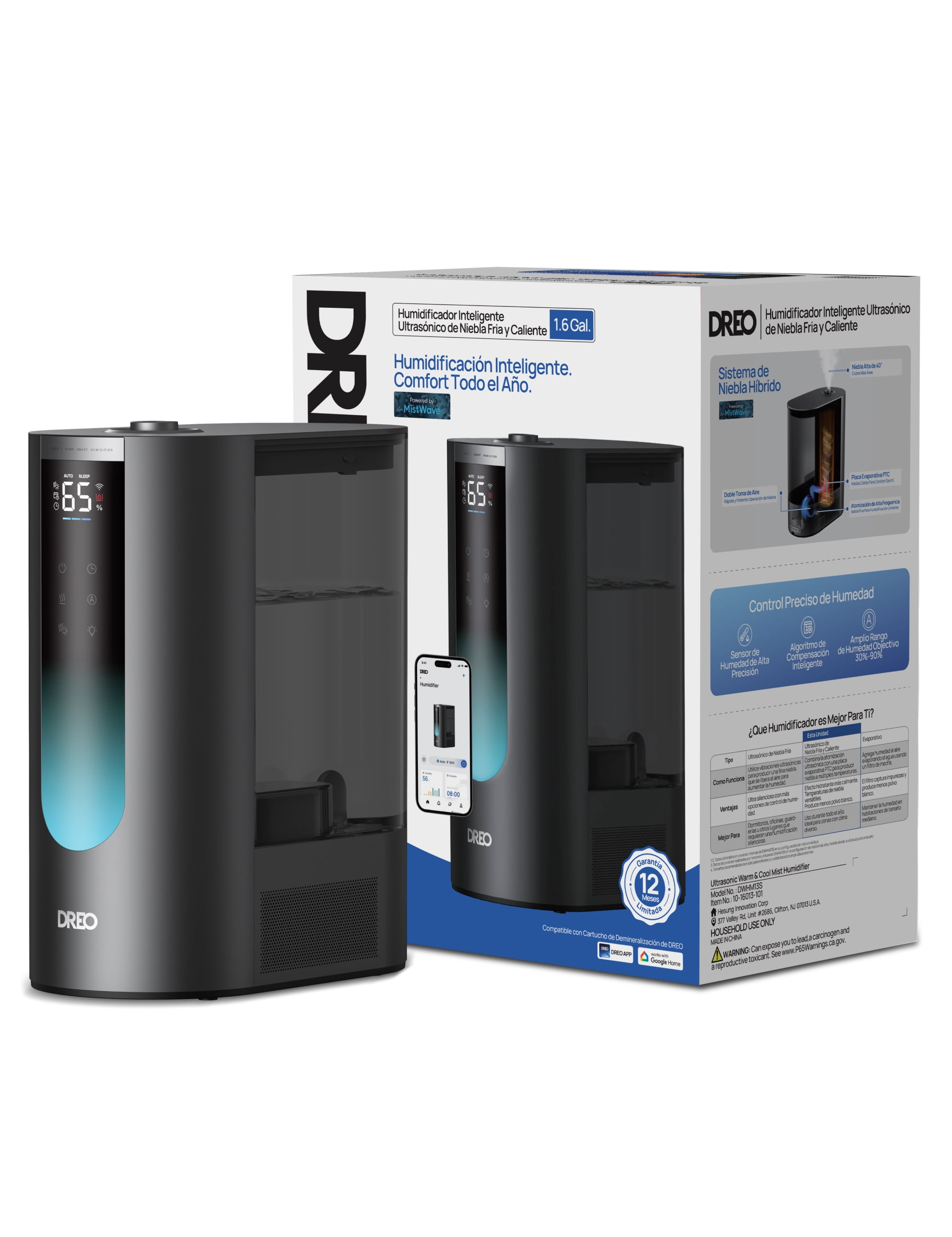 DREO Smart Humidifier Cool/Warm Mist, 1.6 Gallon, 60-Hour Runtime, Fast Warm Mist, Accurate Humidity Sensor, Black