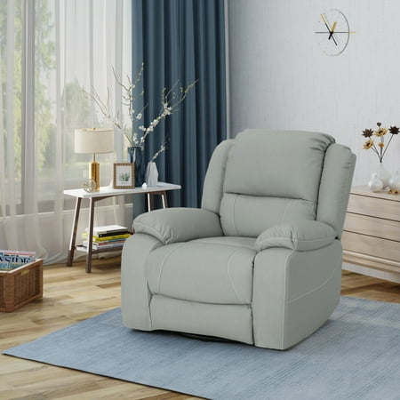 Noble House Classic Tufted Leather Swivel Recliner, Light Grey