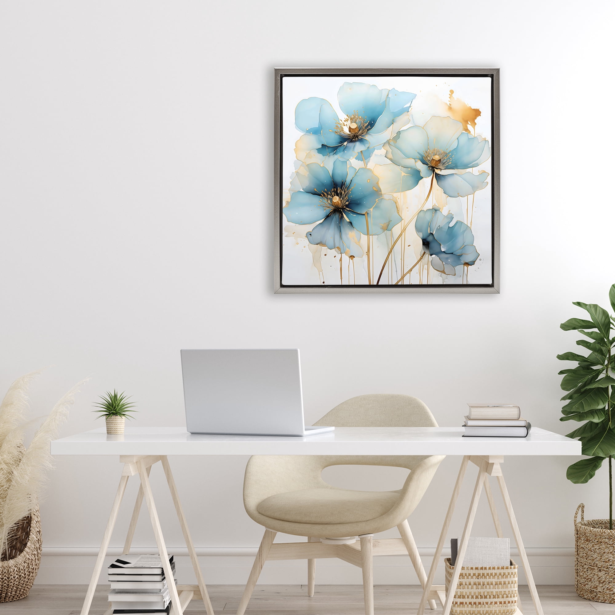 Stupell Industries Sapphire and Gold Florals Gray Framed Floater Canvas Wall Art, design by Creative Studio
