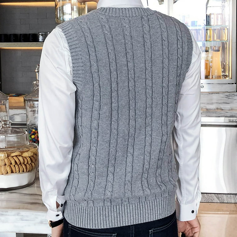UTTOASFAY Mens Winter Long Sleeve Shirts Men Casual Sweater Vest School  Uniform Pullover Cotton Knit V-Neck Vest Tops Blouse Flash Picks Gray