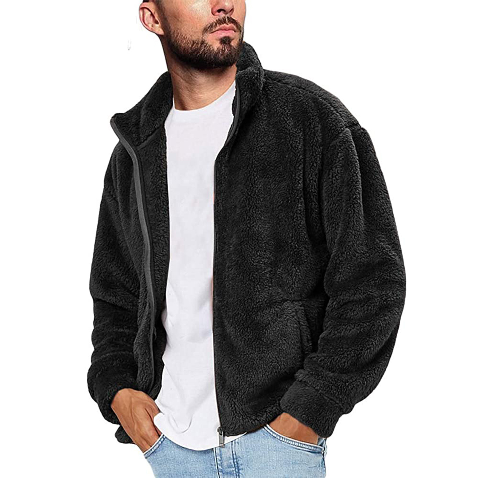 Outfmvch jackets for men Fuzzy Sherpa Jacket Casual Winter Stand Collar ...