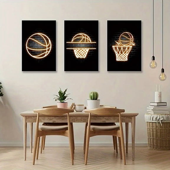 3pcs Frameless Basketball Posters And Prints Wall Art, Neon Painting On Canvas, Modern Murals, Teenage Boys Room Decoration Picture, Frameless