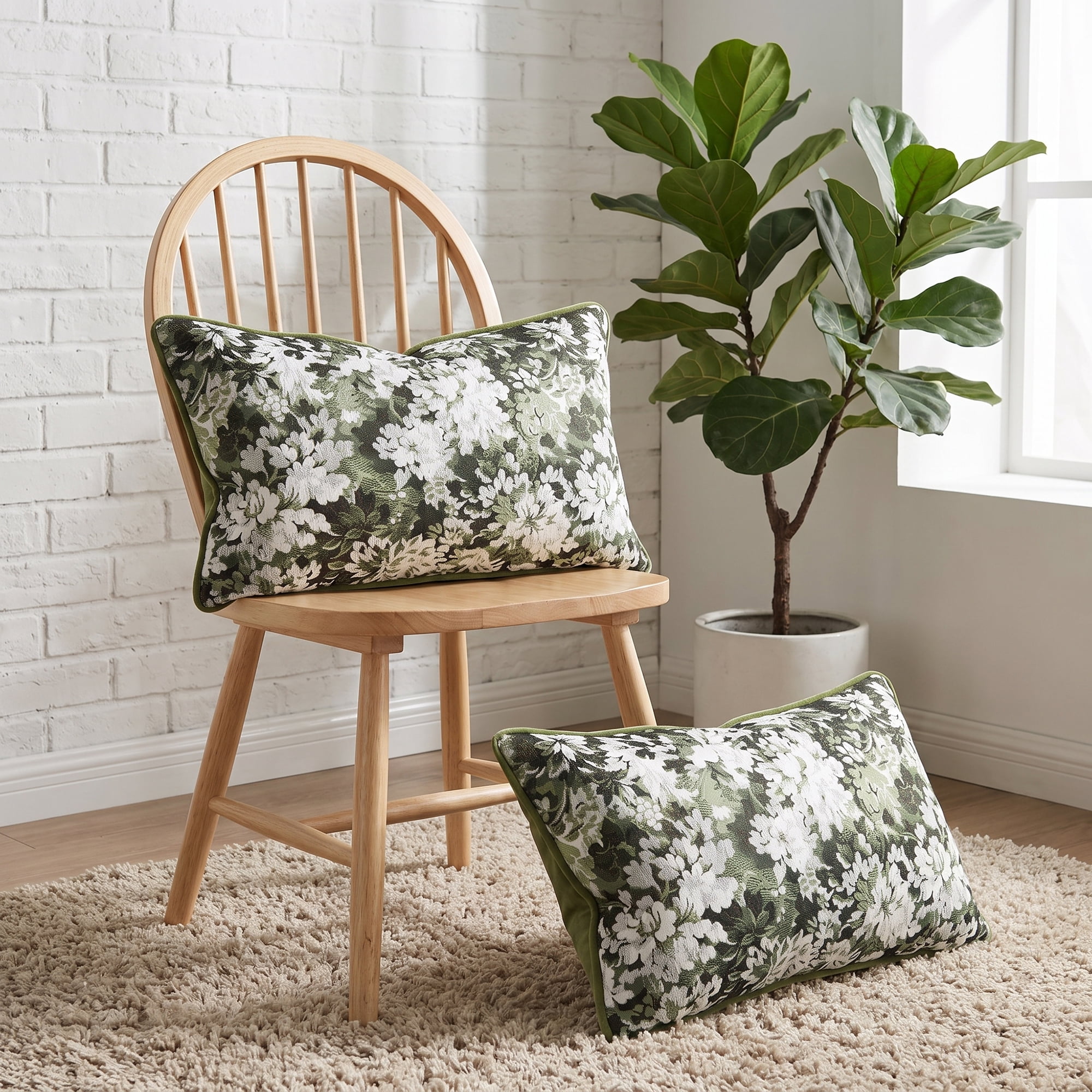 Unique Bargains Floral Throw Pillow Cover with Piped Edge Decor Cushion Case Green 20"x12"