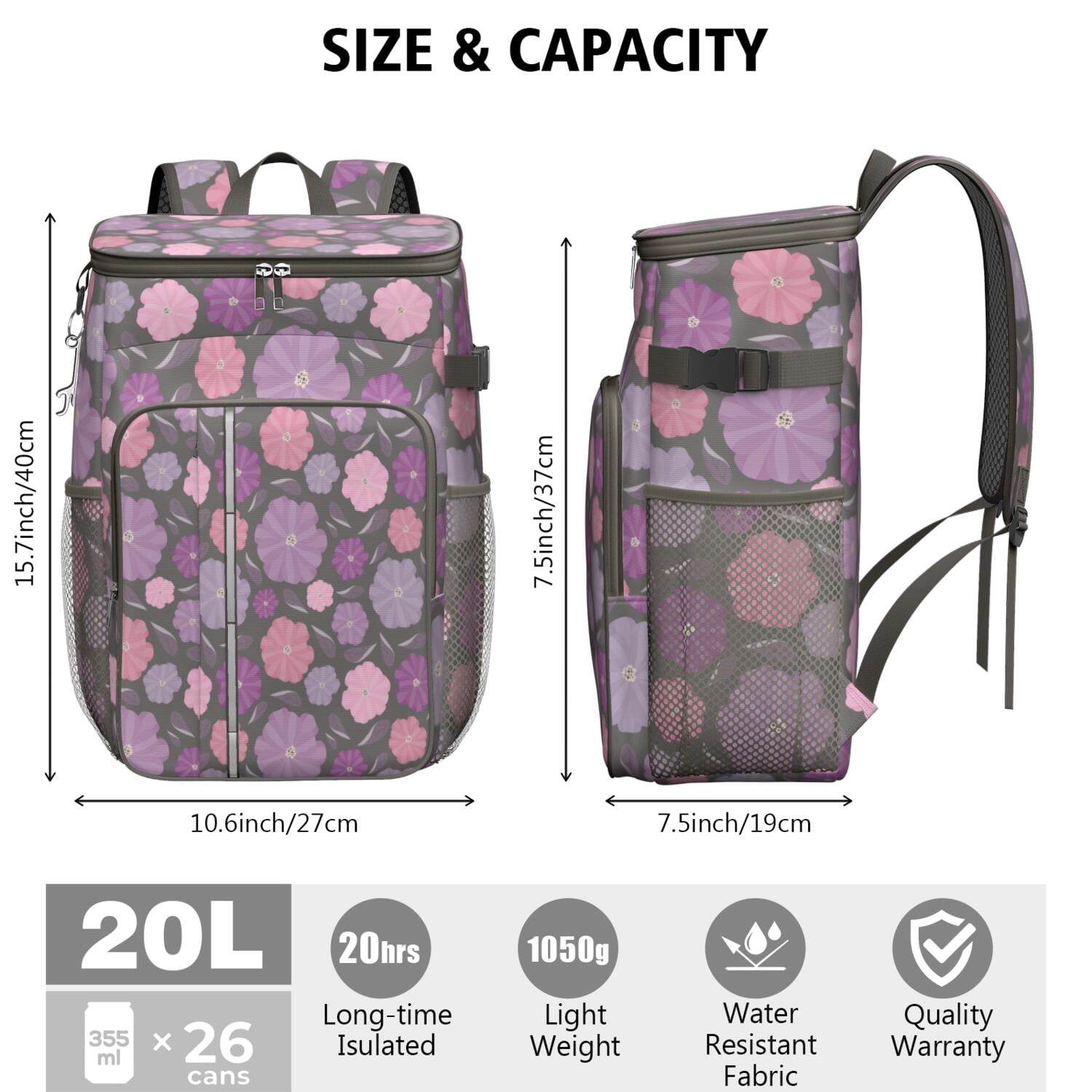 Travel Cooler Bag - Pioneer Flower Floral Print Pattern Camping Beer Cooler Backpack with Bottle Opener- Waterproof Insulated Picnic Backpacks - Cooler Bag for Beach
