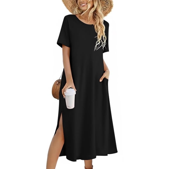 Zeagoo Sundress Dress Women's Casual Loose A Line Crewneck Split Maxi Cover Up Holiday Beach Tropical Bohemian 2025 Shift Sun Dress Outfits with Pockets