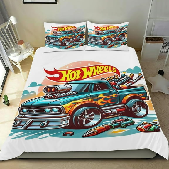 Hot Wheel Themed Bed Sheet Set Three Piece Set 53x79 Inches Comfortable And Skin Friendly Unique Design Creating A Star Studded Night