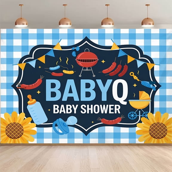 BBQ Baby Shower Backdrop It’s A BabyQ Newborn Photography Background for Boys Boy Or Girl Blue White Checkered Sunflower Picnic Barbecue Baby Shower Party Decorations Banner Photo Booth Props
