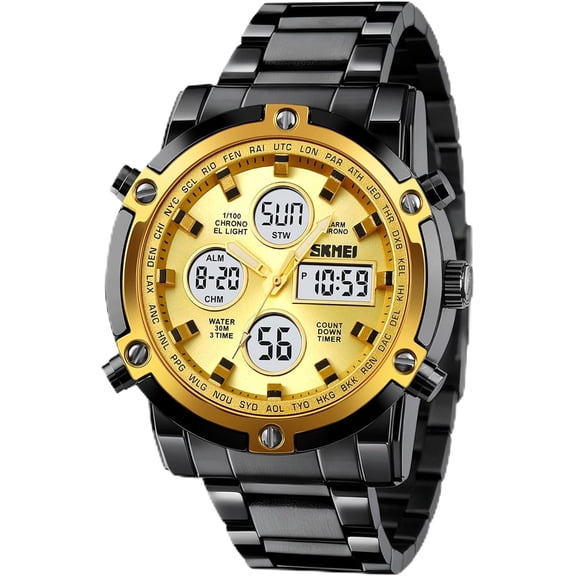 Mens Wrist Watch, Waterproof Military Analog Digital Watches with LED Multi Time Chronograph, Stainless Steel Business Watches for Men