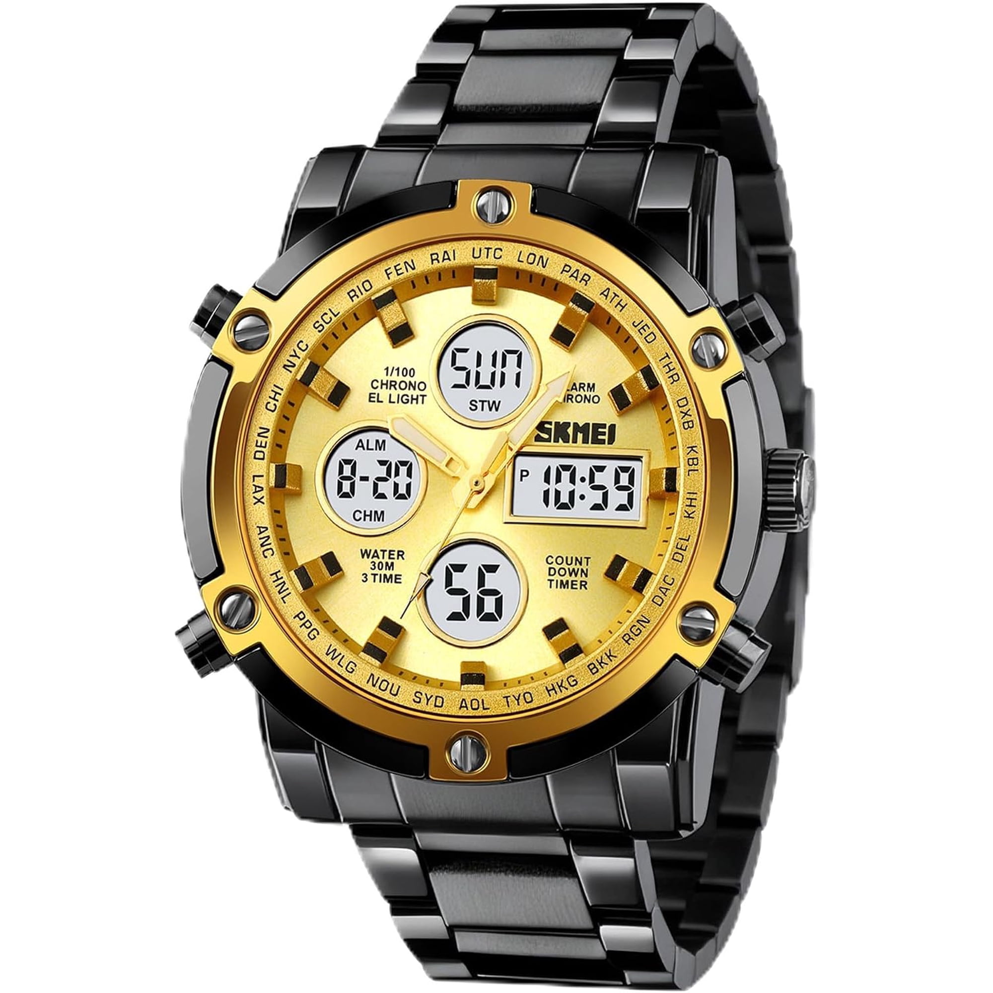 Mens Wrist Watch, Waterproof Military Analog Digital Watches with LED Multi Time Chronograph, Stainless Steel Business Watches for Men