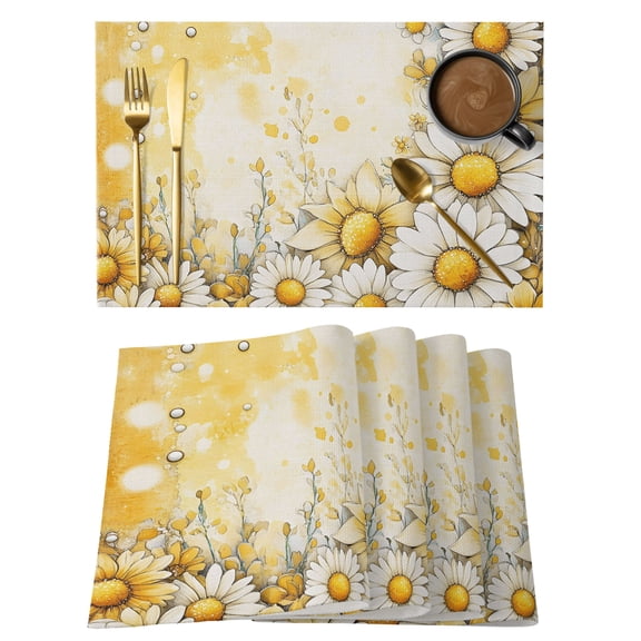Summer Sunflowers Daisy Placemats Set of 12, Rustic Farmhouse Floral White Yellow Flower Non-Slip Place Mats Washable Table Mats for Kitchen Dining Table Decorations Indoor/Outdoor