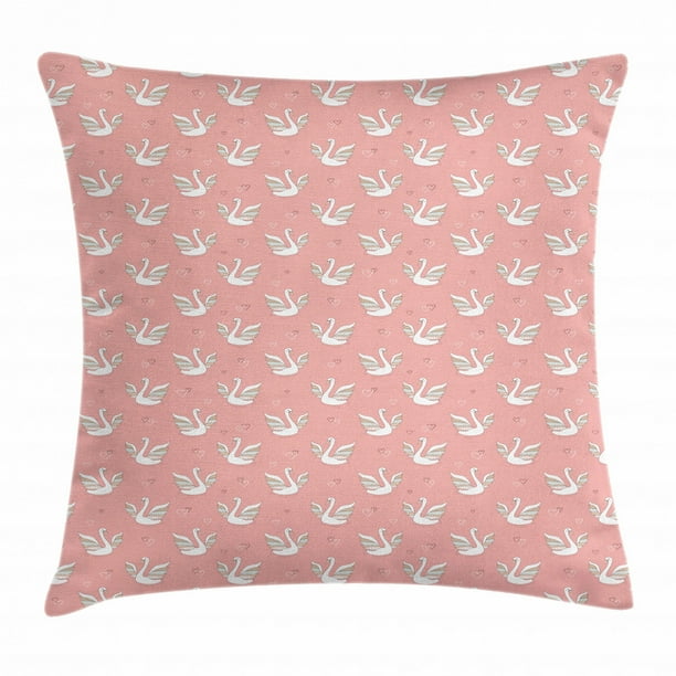 Swan Throw Pillow Cushion Cover Hand Drawn Style White Birds On Coral Backdrop With Patterned Wings And Little Hearts Decorative Square Accent Pillow Case 18 X 18 Inches Multicolor By Ambesonne