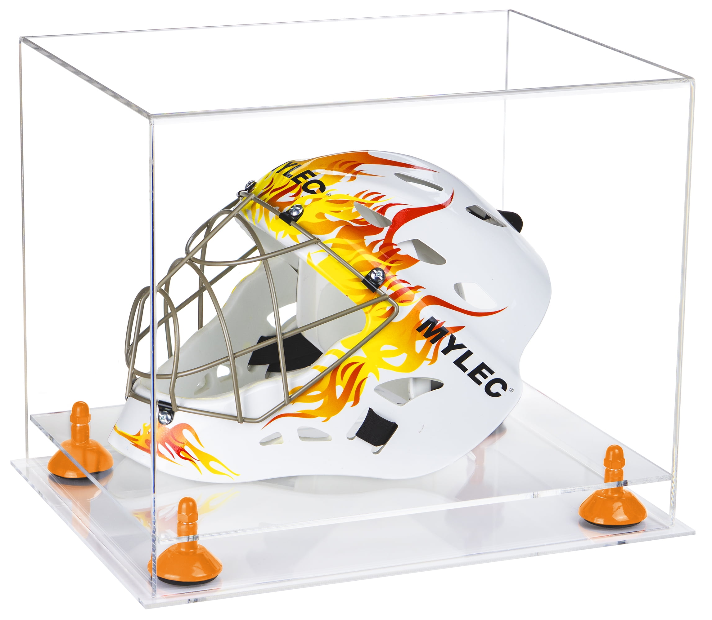 Deluxe Clear Acrylic Lacrosse Helmet Display Case with Orange Risers and Clear Base (A002OR