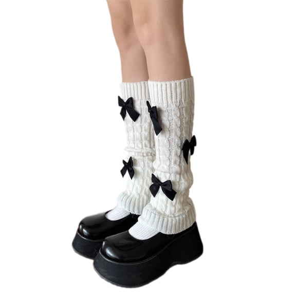 Sweet Girls Leg Warmers Women Cable Knit Leg Sleeve Elegant Bowknot Embellishment Boot Covers Footless Long Calf Socks