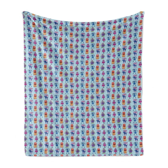 Alien Soft Flannel Fleece Throw Blanket, Repeating Print of Colorful Robots Mechanical Design of Funny Shapes, Cozy Plush for Indoor and Outdoor Use, 50" x 70", Pale Blue and Multicolor, by Ambesonne