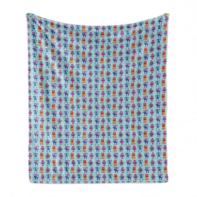 Alien Soft Flannel Fleece Throw Blanket, Repeating Print of Colorful Robots Mechanical Design of Funny Shapes, Cozy Plush for Indoor and Outdoor Use, 60" x 80", Pale Blue and Multicolor, by Ambesonne