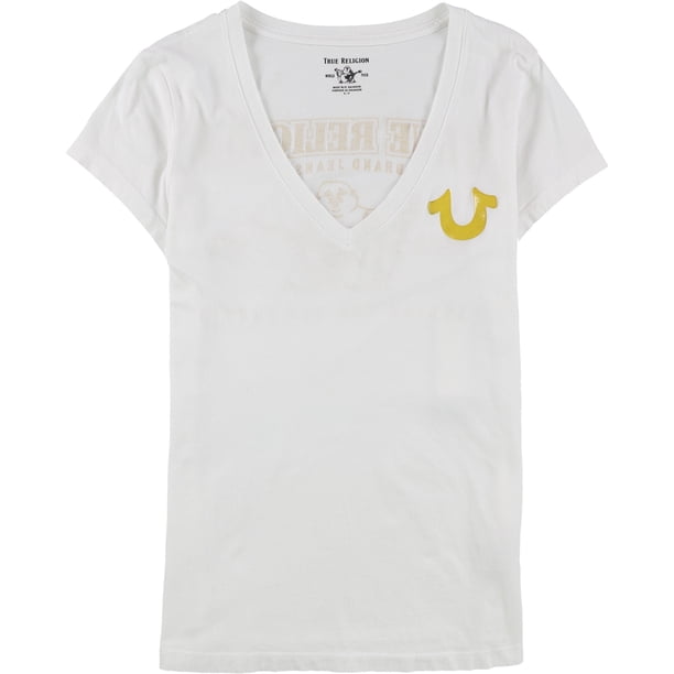 True Religion Camiseta gráfica delgada metálica para mujer, blanca, mediana True Religion Camiseta gráfica