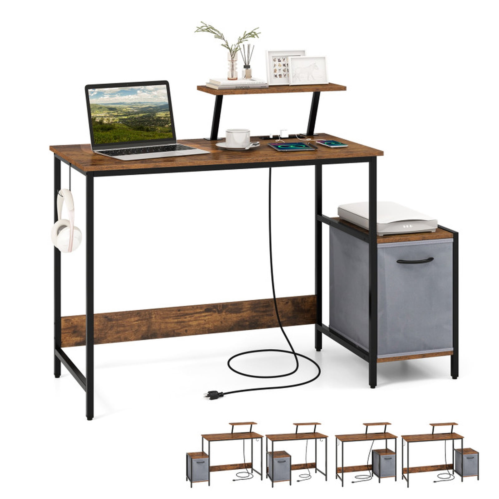 Furnibear Industrial Computer Desk with Reversible Fabric Storage Drawer, Moveable Shelf and USB Charging Station Brown