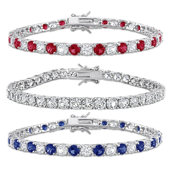 Everly Women's Created Blue White and Ruby Sapphire Sterling Silver Tennis Bracelet Set - 7.25 in