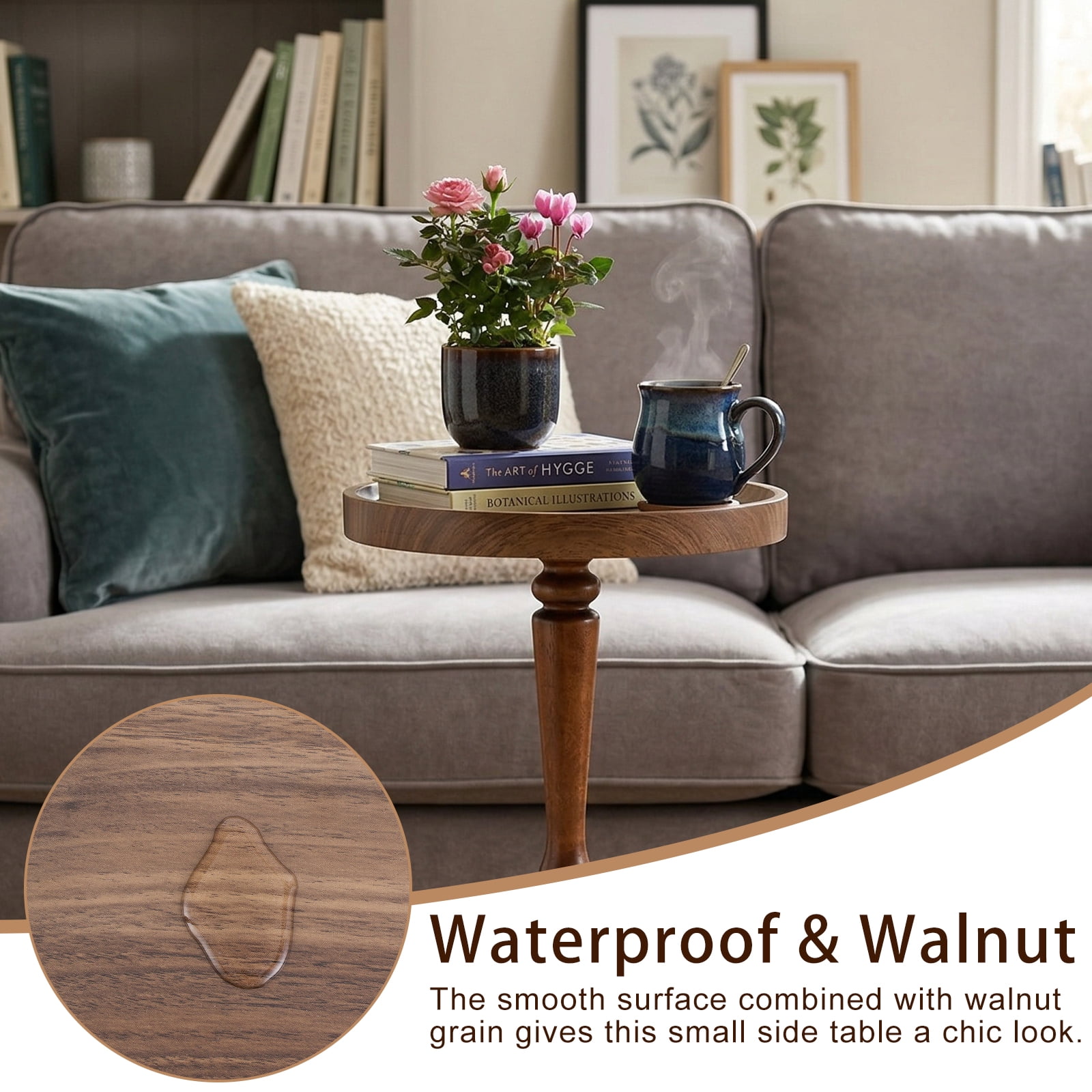 ManyFun Round Side Table, Wood Drink Table for Small Spaces, Round End Table for Living Room, Bedroom, Sofa Couch, Corners (Brown Spindle-shaped)