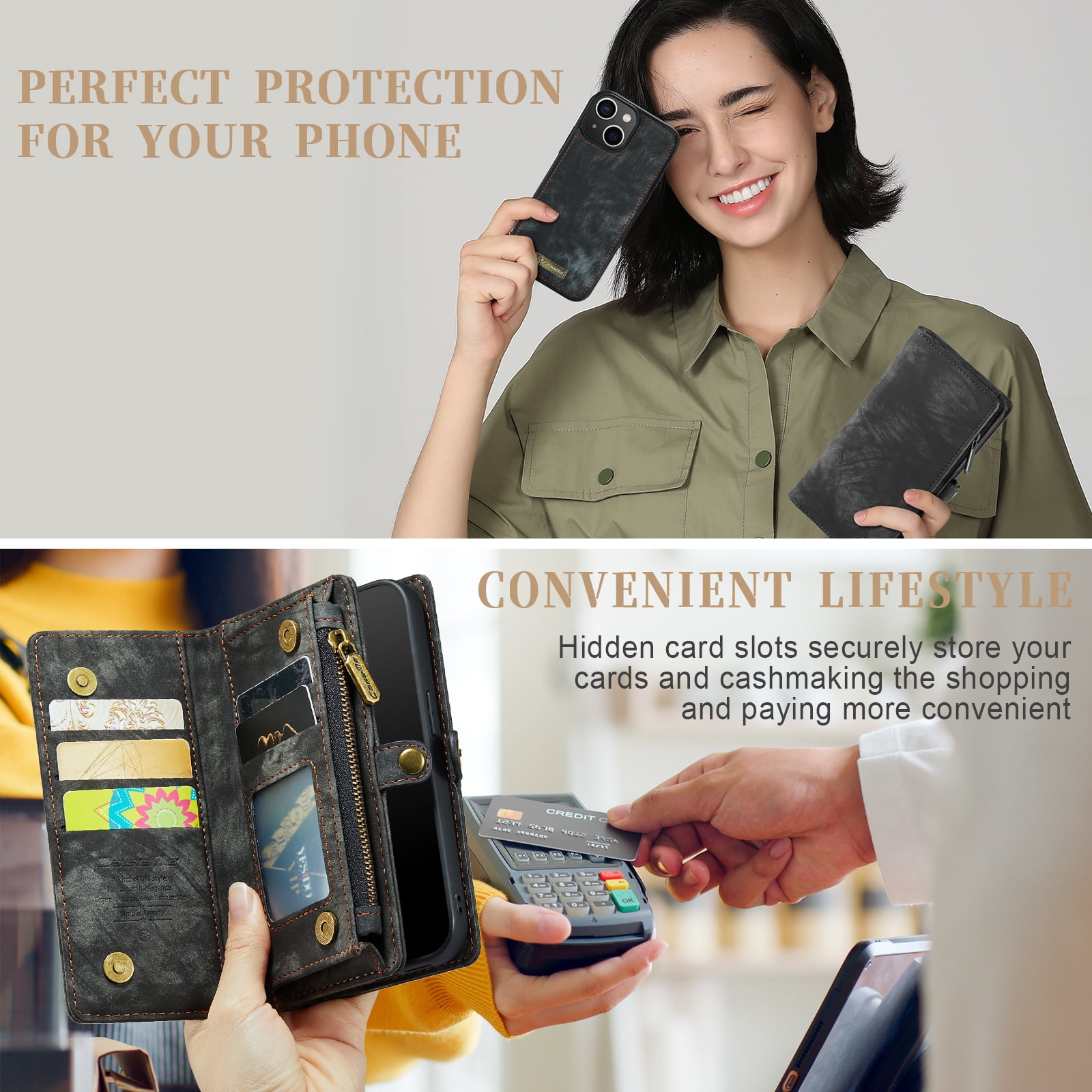 Feishell Durable 2-In-1 Magnetic Detachable Wallet Case for iPhone 13,for Women Men,Premium PU Leather Zipper Pocket Flip Multi Card Slots Purse Phone Case with Wrist Strap,Black