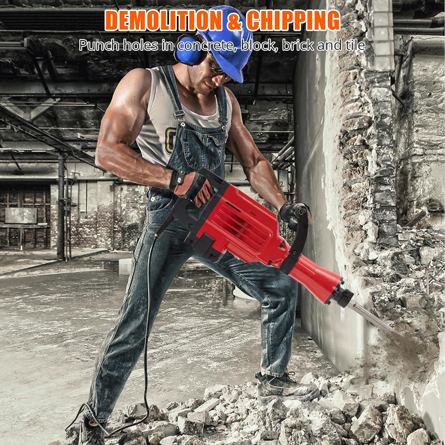 Demolition Hammer 3600W, 1800 Bpm Concrete Breaker, 4pcs Bits, Noise-Reducing Earplugs, Ergonomic Shoulder Strap, and Durable Carrying Case