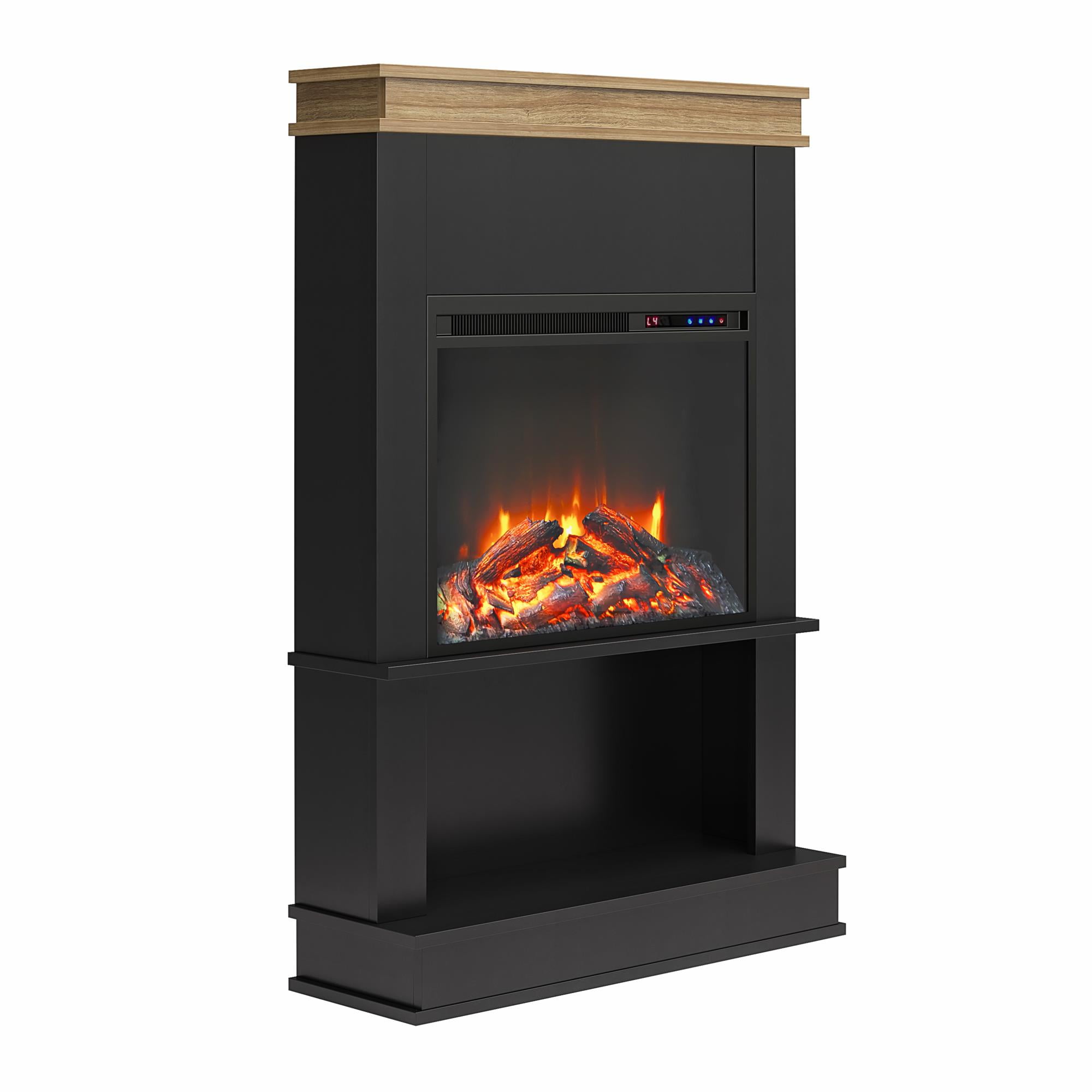 Ameriwood Home Mabrick Electric Fireplace with Mantel and Open Shelf, Black with Natural