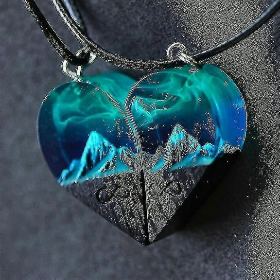 Wood Resin Paired Heart Pendants Mountains Necklace For Couple Birthday Valentine"s Day