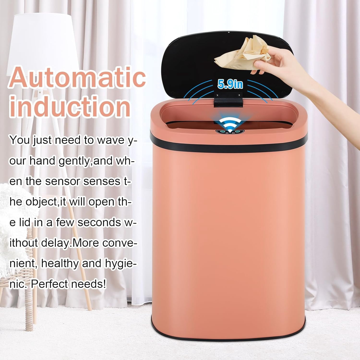 Dkelincs Automatic Trash Can 13 Gallon Touch-Free Stainless Steel Kitchen Garbage Can Waste Bin with Lid, Pink