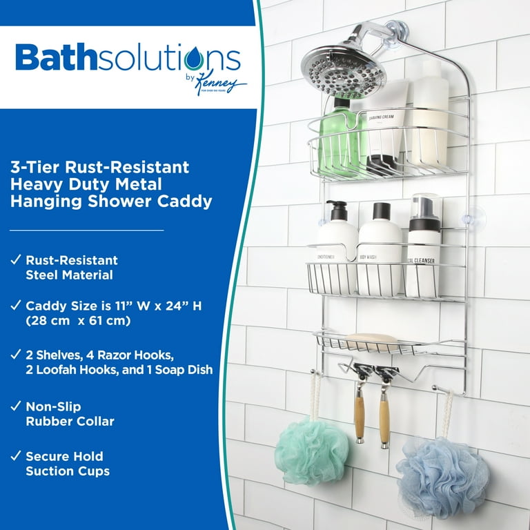 Kenney Rust-Resistant Heavy Duty 3-Tier Large Hanging Shower Caddy with Suction -Cup and Four Razor Holders, Chrome Kenney Rust-Resistant Heavy Duty 3-Tier Large Hanging Shower Caddy with Suction -Cup and Four Razor Holders, Chrome