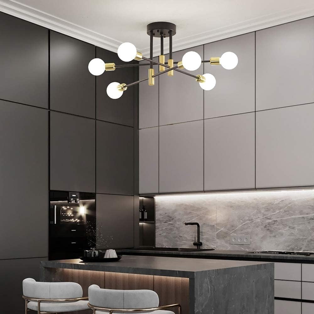 Neoglint 6-Lights Modern Mid Century Sputnik Chandelier, Semi Flush Mount Ceiling Light Fixture for Living Room Dining Room Kitchen Chandelier (Black Gold)