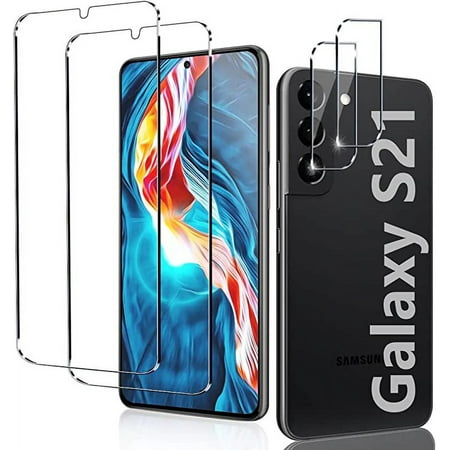 [2+2 Pack] Tempered Glass Screen Protector for Samsung Galaxy S21 5G, Tempered Glass, Ultrasonic Fingerprint Compatible, HD Clear, Case Friendly With Camera Lens Protector for Galaxy S21 5G