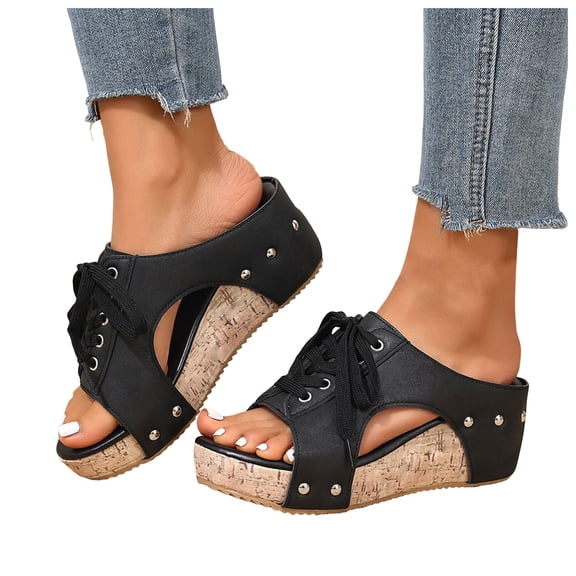 Rokment Womens Vintage Beach Platform Wedge Slides Sandals Summer Retro Casual Studded Suede Open Toe Lace up Chunky High Heels Slip on Backless Dress Mules Black Size 6