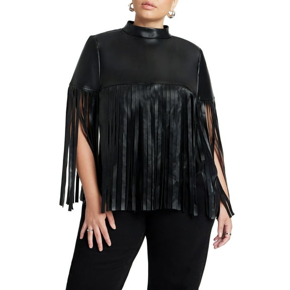 ELOQUII Women's Plus Size Faux Leather Fringe Cape