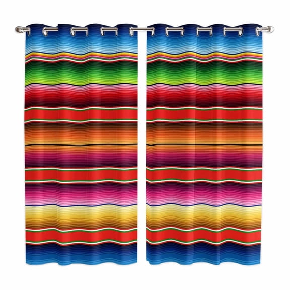Mexican Style Kitchen Curtains 63 Inch Length, Colorful Mexico Stripes Red Blue Grommet Top Bedroom Living Room Curtains, Light Filtering Cafe Curtain Drapes 2 Panels Set 84''x63''