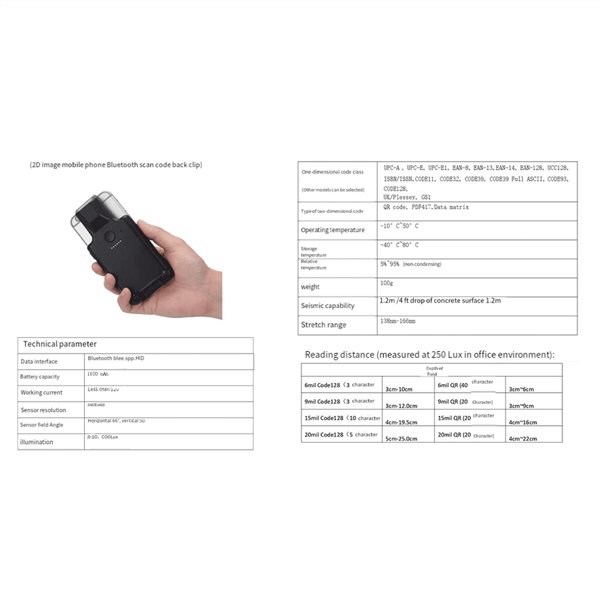 2D Back Clip Bluetooth Barcode Scanner Portable Barcode Reader Data Matrix 1D QR Bar Code Reader Android IOS