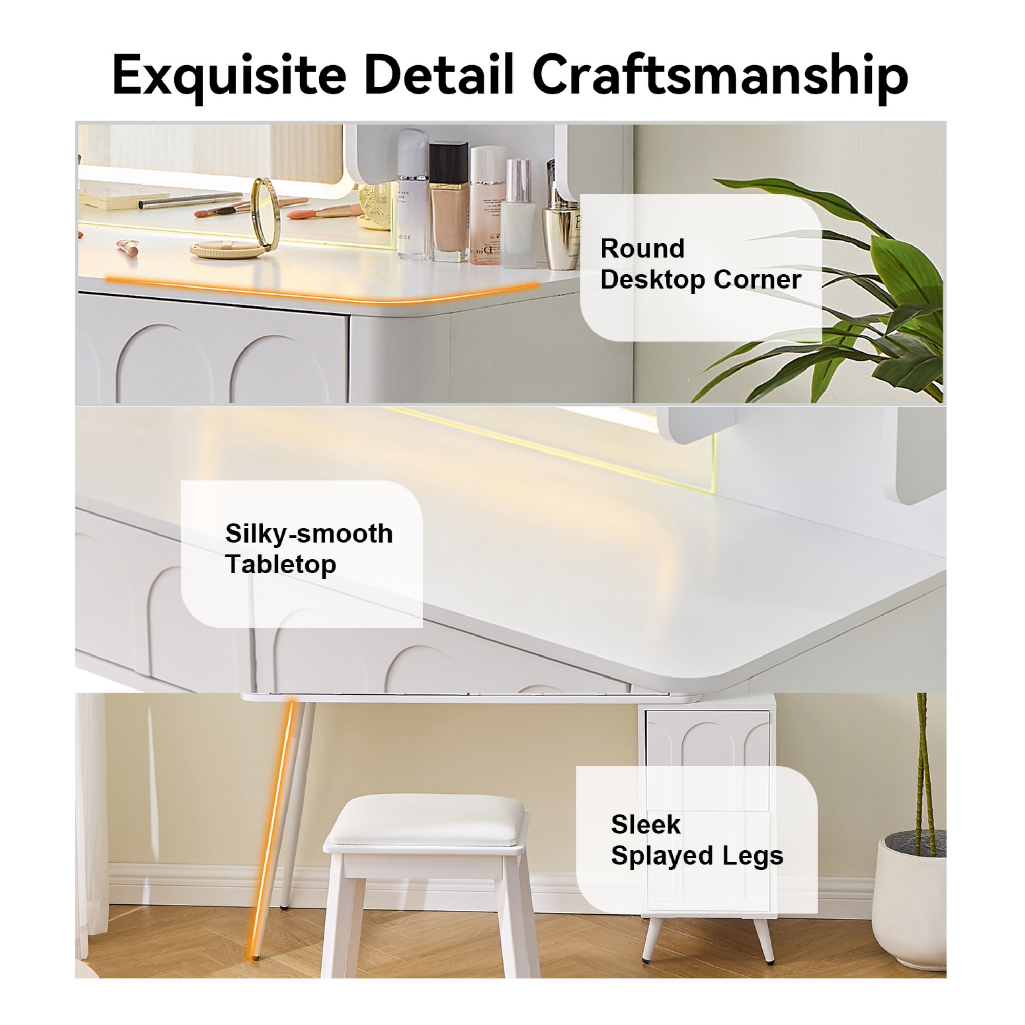 AENKYO Vanity Table Set with LED Lighted Mirror, 4 Drawers, Makeup Table with Movable Side Cabinet & Stool, White