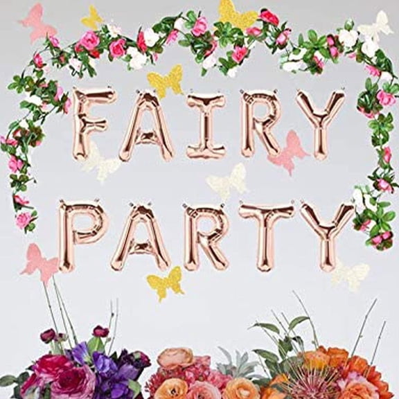 Rose Gold Letter Balloon Party Decoration Set with Vine Wreath and Glitter Butterfly Scene Decoration