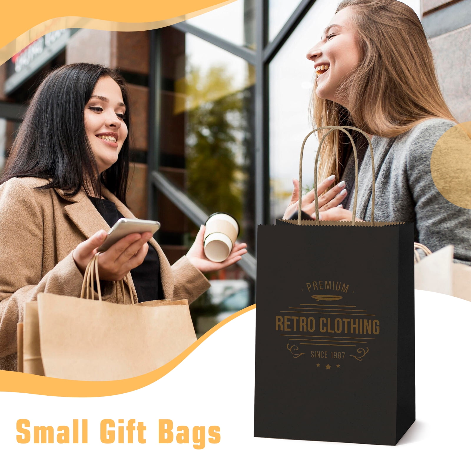 BagDream 50Pcs Black Paper Gift Bags, 5.25x3x8inch Small Paper Bags with Handles Bulk for Shopping, Wedding, Father's Day, Merchandise, and Business Party