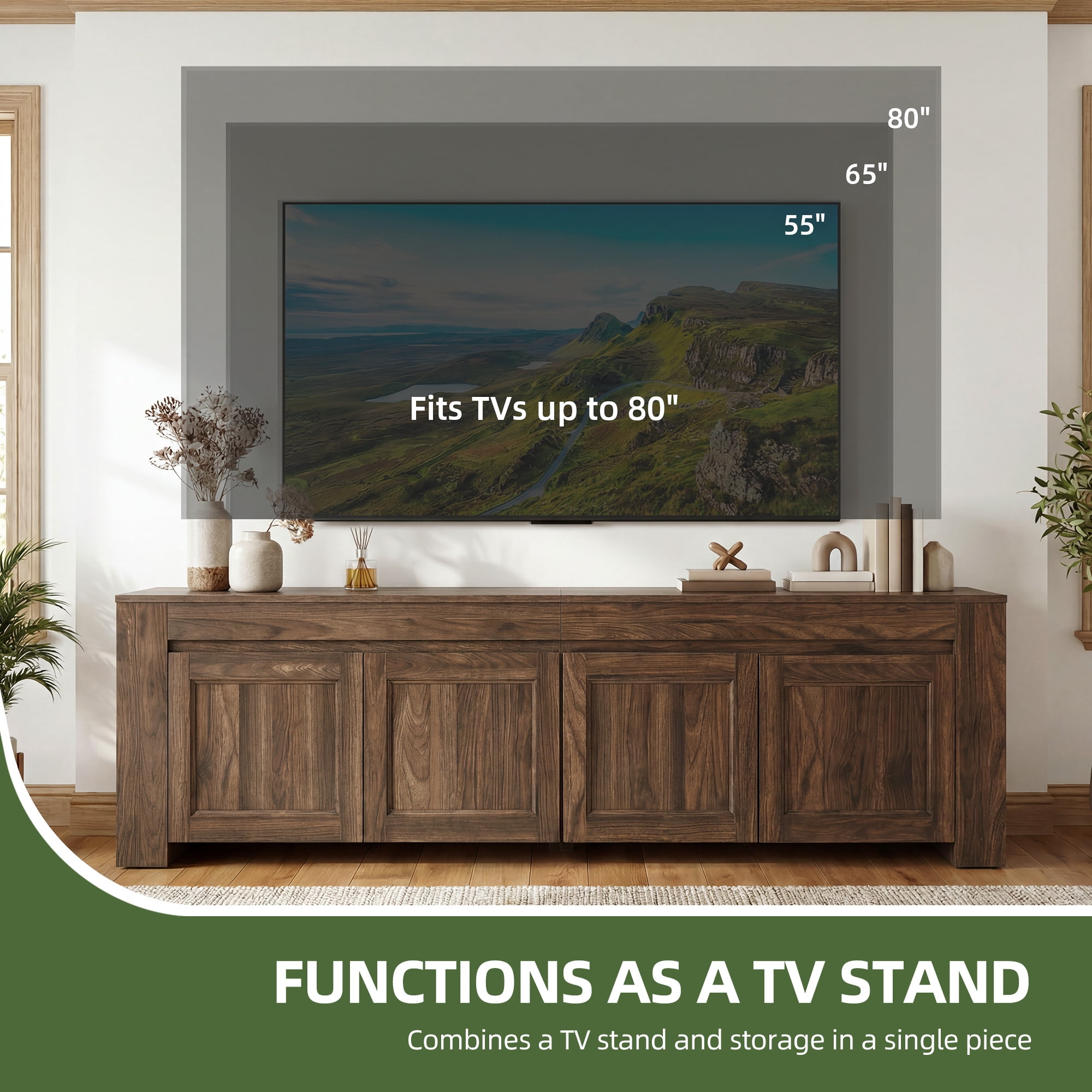 Uforic 70 Inch Modern Farmhouse TV Stand for Up to 80 Inch TVs with 4 Storage Doors & Inner Shelves for Living Room, Dark Walnut