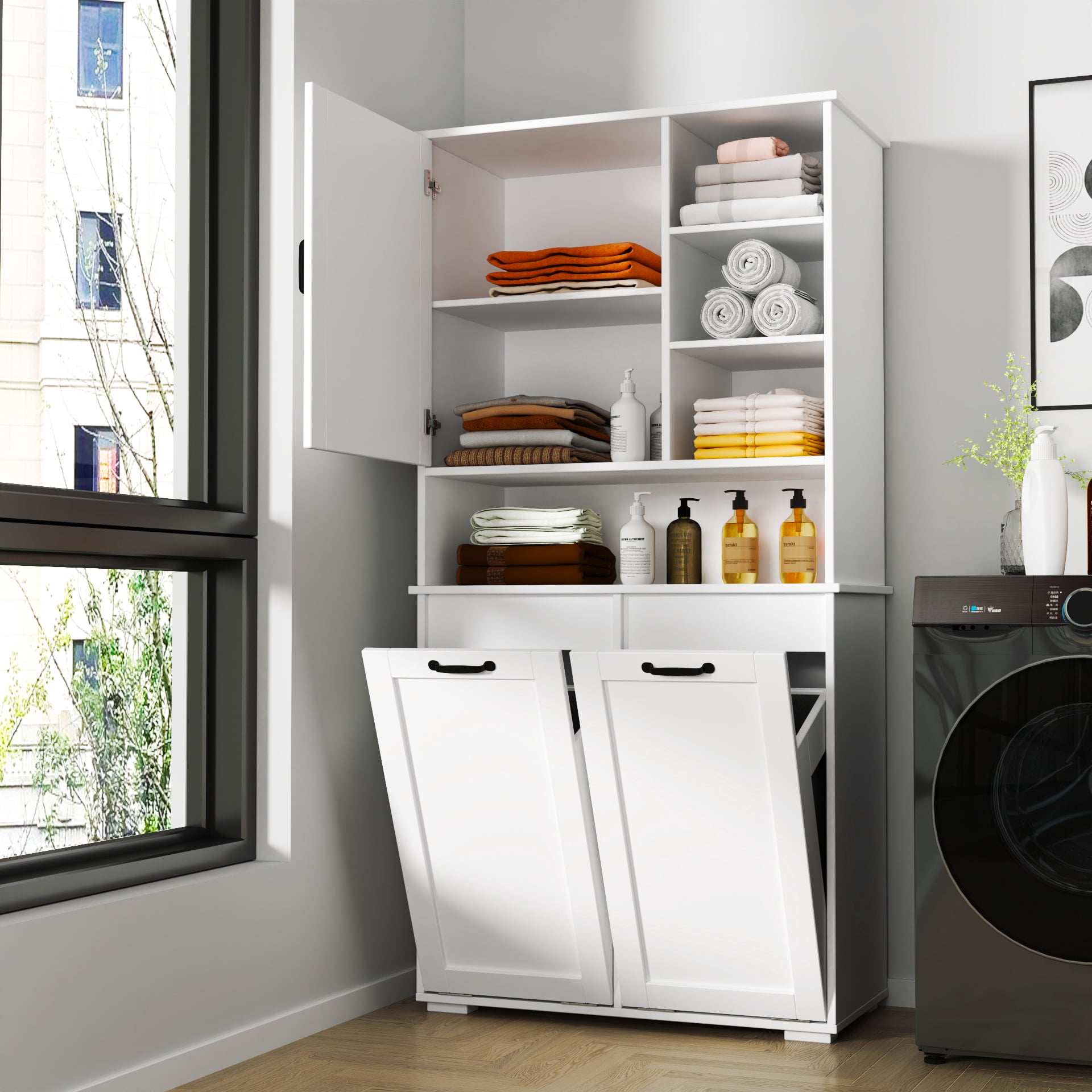 Mintazer 63" H Bathroom Storage Cabinet with 2 Tilt Out Laundry Hampers, Freestanding Laundry Cabinet with Adjustable Shelves, White