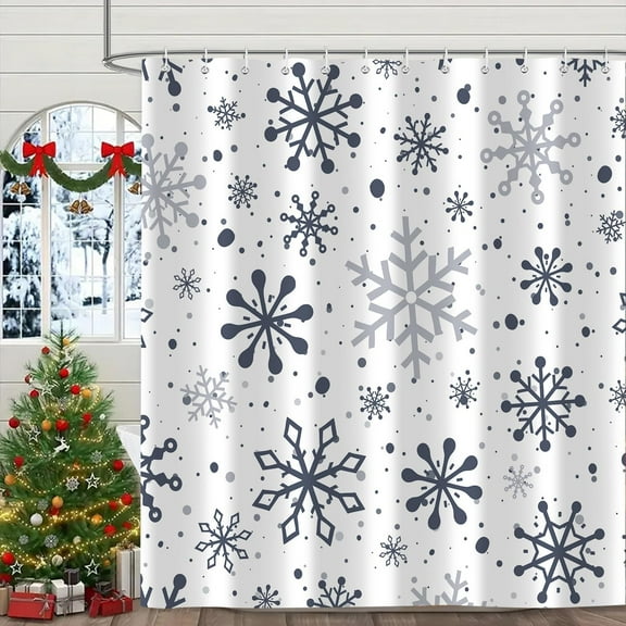 Winter Christmas Grey Snowflake Shower Curtain, Xmas New Year Flakes Frost Holiday Cloth Fabric Shower Curtains for Bathroom Decor Polyester Waterproof Set with 12 Hooks, 72x72 inches