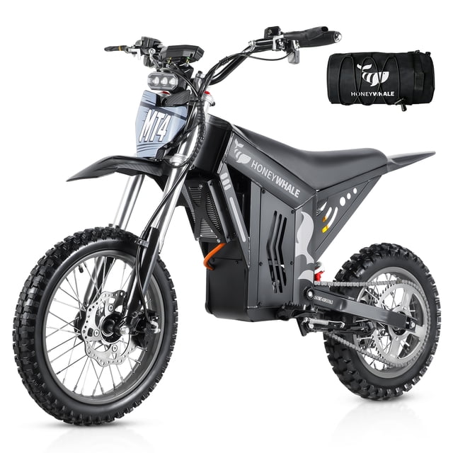 bicicleta eléctrica honey whale mt4 gris 3/4 frontal con cuadro gris mate y logo HONEY WHALE; motor hasta 2000W y batería extraíble 48V 20.8Ah integrada, display digital en manillar, doble amortiguación y frenos de disco hidráulicos; llantas todoterreno 14" del. y 12" tras. y bolsa de transporte incluida; adecuada para rutas off-road y recorridos cortos urbanos.