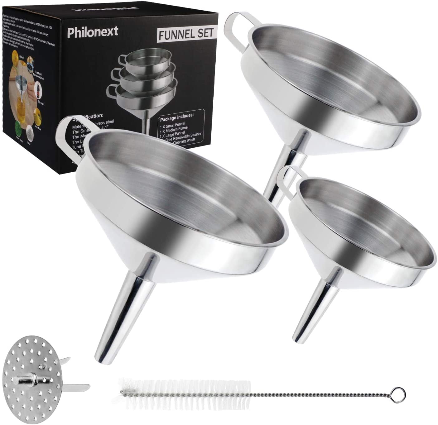 Kitchen Filter Funnel Set, 3 Piece Stainless Steel Funnel Filter Set