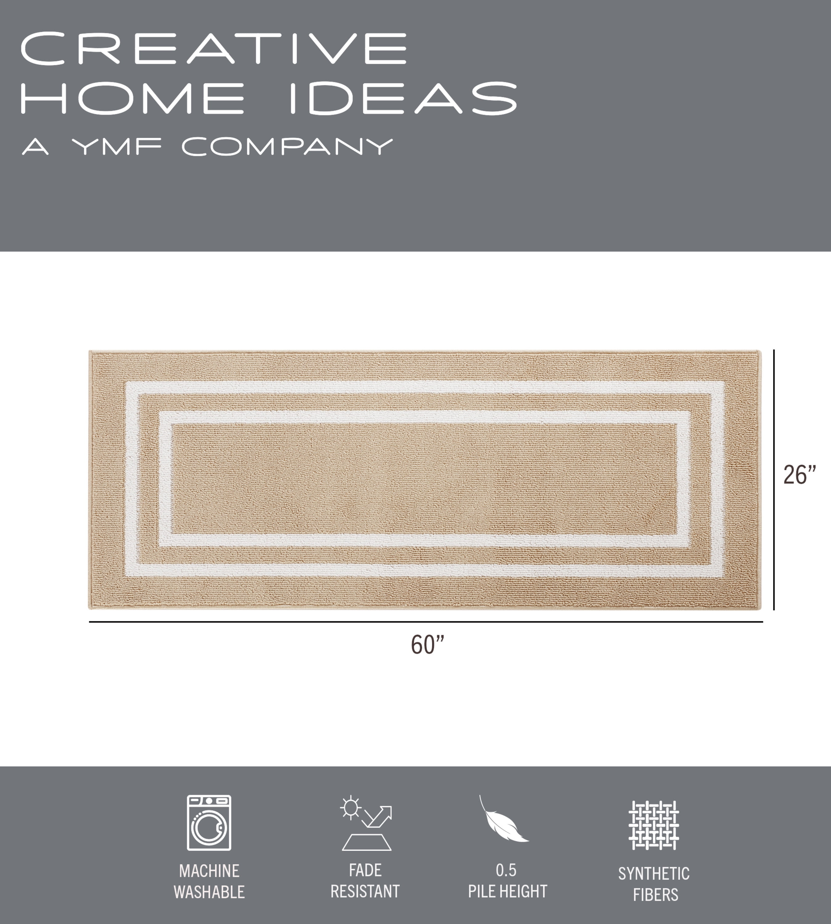 Washable Skid-Resistant Runner Rug, Border, Beige and White, 26" x 60"