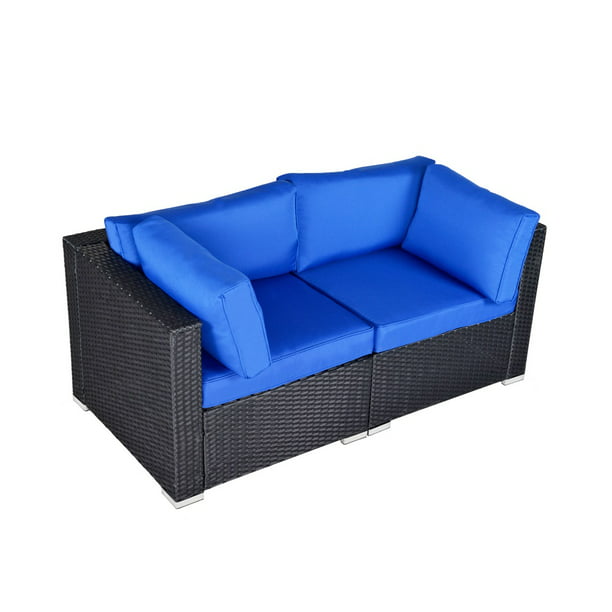 Black Wicker Dark Blue Cushions, All Weather Rattan Corner Sofa