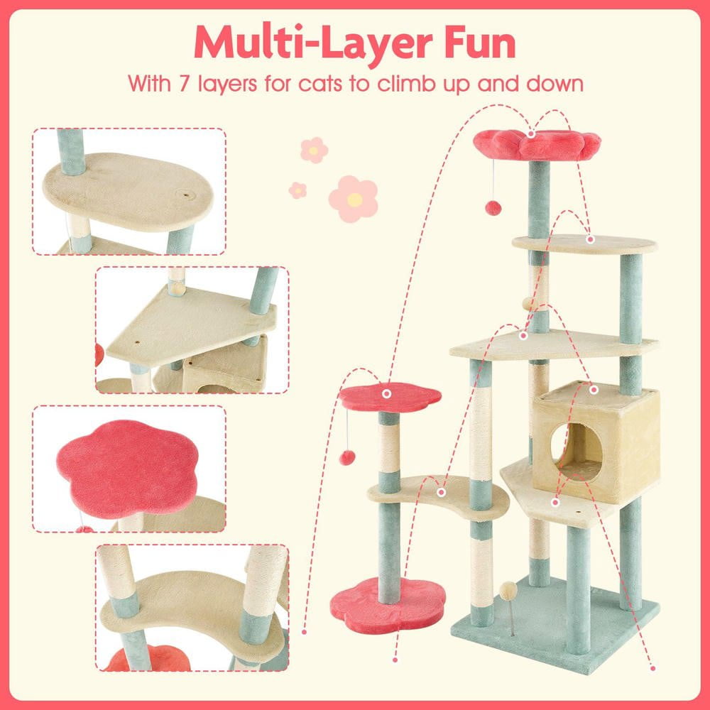 Resenkos 61-Inch Tall Floral Cat Tree Tower with Flower-Shaped Padded Perches, Multicolor